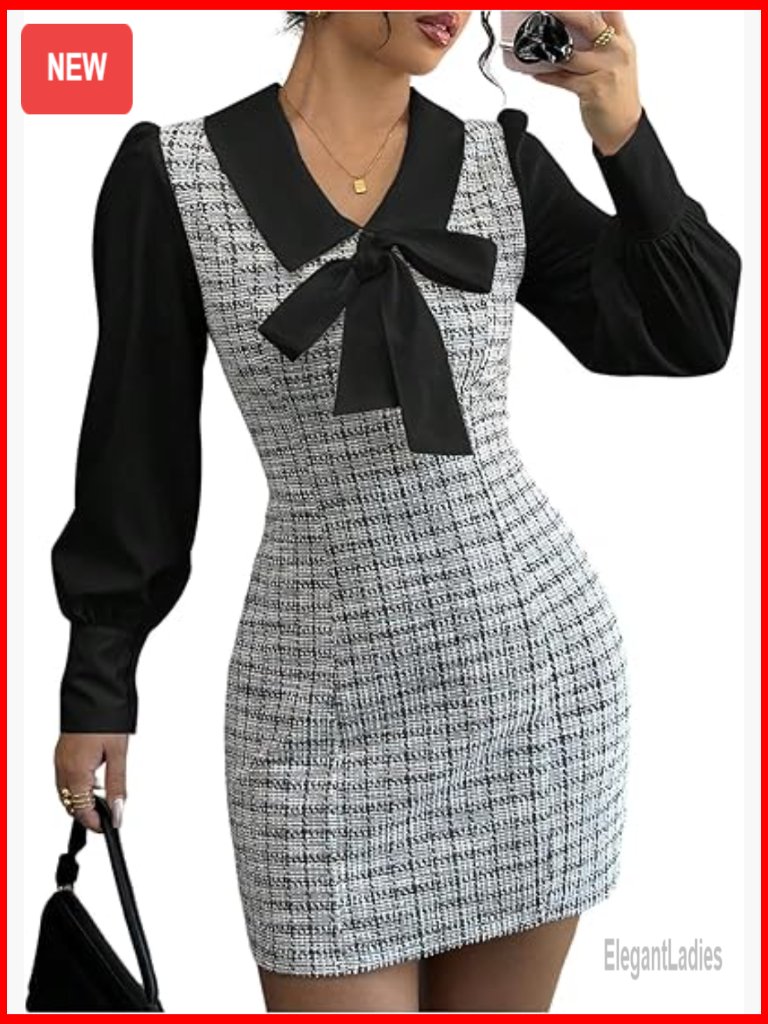 Plaid Tweed Dress Long Sleeve Bow Front Lantern Sleeve Mini Bodycon Dress